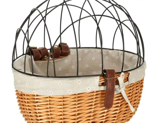 Wicker bicycle basket with metal grille carrier for cat dog