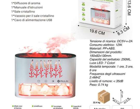 Kamin Flammenkristall Salz Aromatherapie Diffusor, Diffusor für ätherische Öle 250mL, Flammenaroma Luftbefeuchter Diffusor, Himalaya-Salzlampe, ätherisches Öl