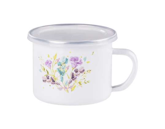 Emalinis puodelis su dangteliu Akvarelės gėlės 0,9l 12 cm emaliuotas pieno puodelis
