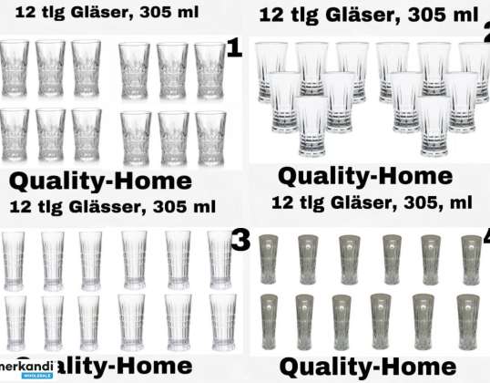 12 Pezzi Bicchieri da Acqua 305ml Set di Bicchieri da Succo Bicchieri di Vetro 4 Modelli da Selezionabile.