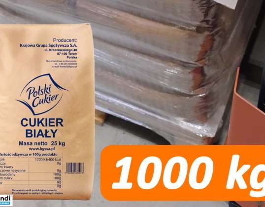 Açúcar cristal branco &quot;Polski Cukier&quot; EU2 (kat. 2) em sacos de papel de 25kg na EPAL 1000kg