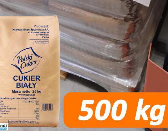 Hvit krystallsukker &quot;Polski Cukier&quot; EU2 (kat. 2) i 25kg papirposer på EPAL 500kg