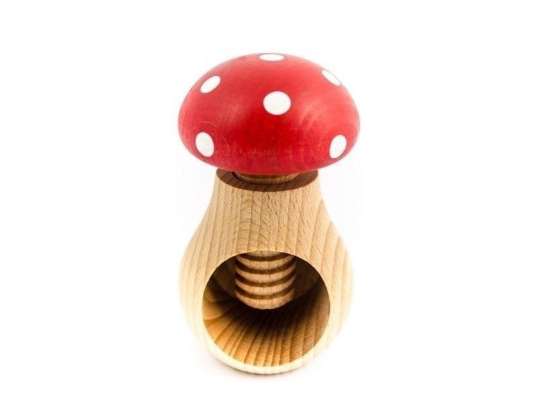 Щелкунчик дерев'яний, гриб поганка, деревина бука червона з білими крапками