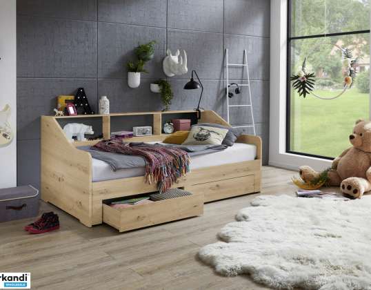 Functional bed RENE extendable from 90 to 180 x 200 cm, with 2 drawers &amp; shelf, white