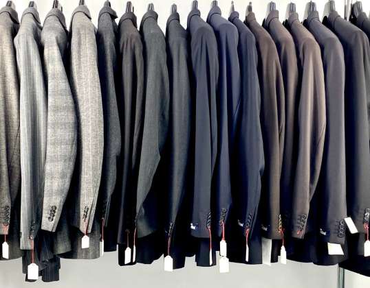 Merkede herredrakter, 2- og 3-delt jakke, bukser, vest, ulike typer jakker. Modeller, merker og størrelser, for forhandlere, A-lager