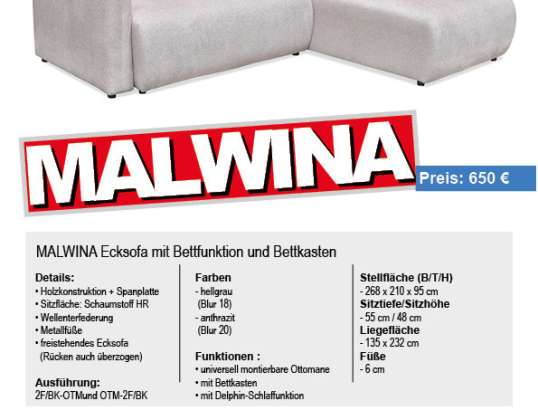 Furniture Corner sofa L-shaped couch &quot;Malwina&quot; with sleeping function and bed box, universally mountable