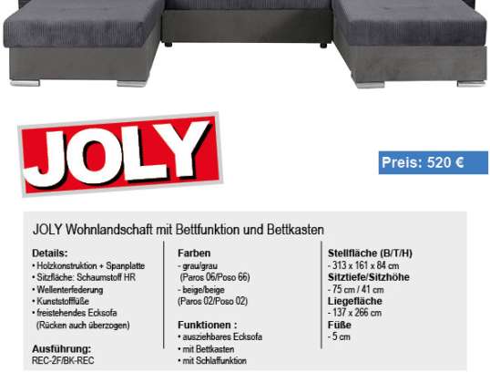 Wohnlandschaft U-Form Couch &quot;Joly&quot; mit Schlaffunktion und Bettkasten in zwei Farben