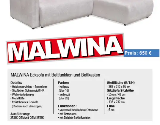 Corner sofa L-shaped couch &quot;Malwina&quot; with sleeping function and bed box, universally mountable