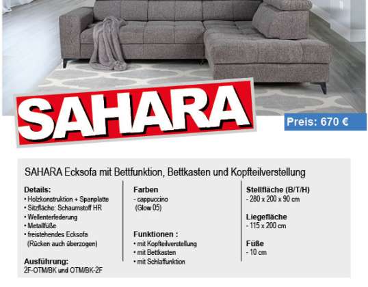 NEW in the assortment - Corner sofa couch upholstered corner Sahara with sleeping function, bed box, headboard adjustment and seat depth adjustment