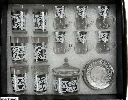 20 tlg Set aus 12 Gläsern mit Zuckerdose in Silber.