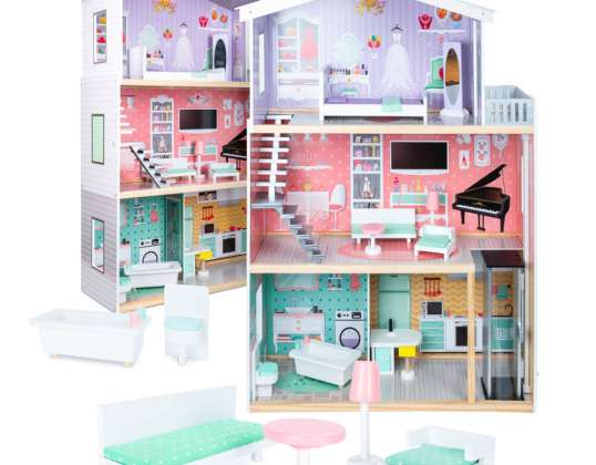 Wooden dollhouse with pastel furniture, 117 cm