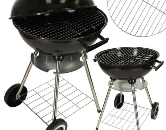 Garden charcoal grill for briquettes with cover, ventilation and shelf