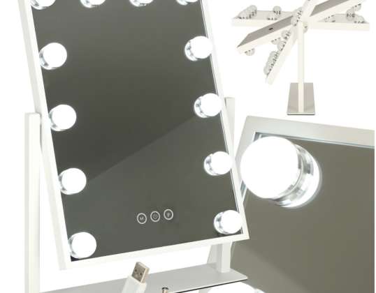 Hollywood LED Backlit Cosmetic Makeup Mirror With 12 USB Bulbs 30 x 40cm