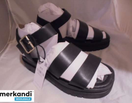 ladies chunky sole synthetic strappy sandal. Y back buckle fastening. black upper