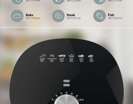 Airfryer. Inhoud: 3,5l. Vermogen: 1300-1500W. Regelbare thermostaat: 80-200°C.  Vooraf ingestelde programma's.