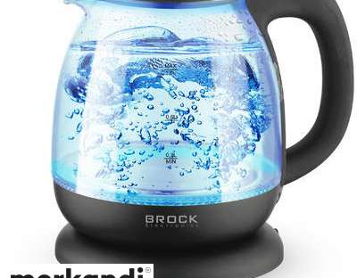 Wasserkocher aus Glas. Volumen: 1,0 l. Mit Borosilikatglaskörper, langlebig und schmutzabweisend. Beidseitige Wasserstandsmarkierung. Internes LED-Licht.