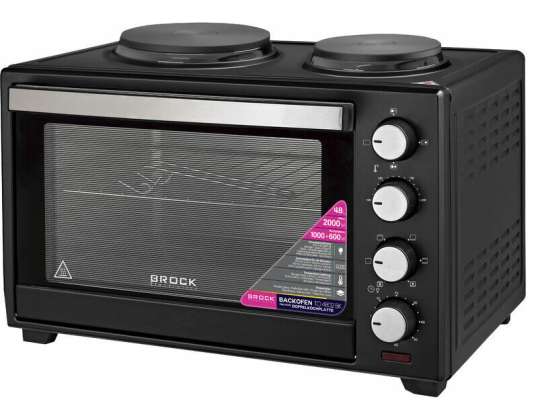 Backofen mit Heizflächen. Kapazität: 48L. Leistung: Backofen: 2000W; Heizelemente: 1000W + 600W. Innenbeleuchtung, Doppelverglasung. 220-240 V, 50/60 Hz.