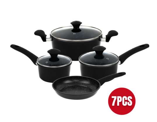 Herzberg 7 Peças Mármore Revestido Forged Cookware set Preto