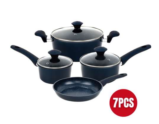 Herzberg 7 Pieces Marble Coated Cast Iron Cookware Set Blue