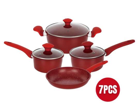 Herzberg 7 Pieces Marble Coated Cast Iron Cookware Set Red