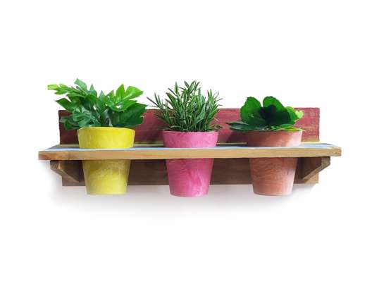 &#039;Roots&#039; Wooden hanging Joy pot racks sets with 3 Artstone pots