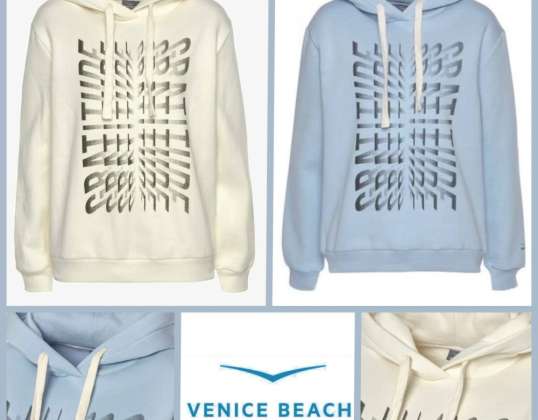 020098 women's hoodie from Venice Beach. A model in light beige and blue color