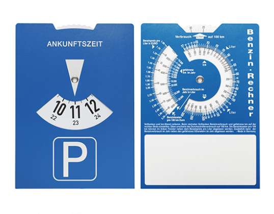 Title for cardboard parking disc with fuel calculator blue white: Innovative parking disc with fuel calculator in blue white Smart & Useful