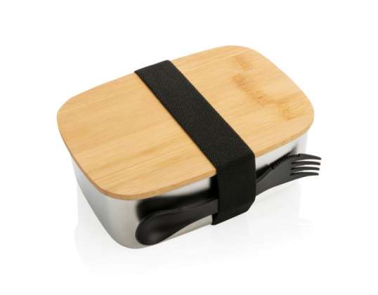 Silver Stainless Steel Lunchbox with Bamboo Lid &amp; Spork   Durable  Eco Friendly Meal Kit