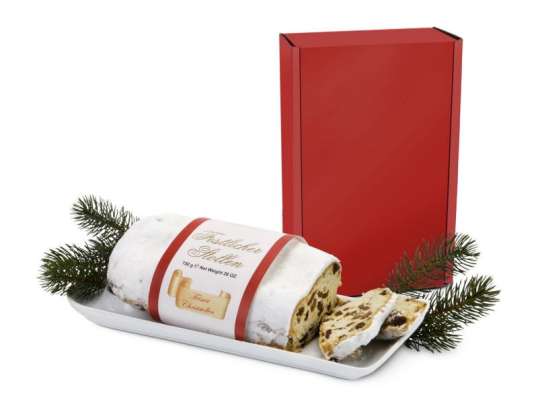 Christstollen im roten Geschenkkarton   Traditioneller Weihnachtsgenuss