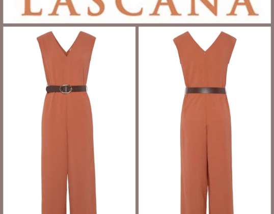 020145 summer women's jumpsuit by Lascana. There is a terracotta-colored model in the plumb line.