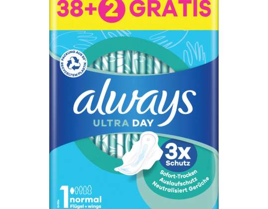 always Serviette Ultra Sanitaire avec Ailes Gigapack 38+2 GRATUITE (40 pièces)