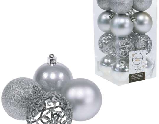 Christmas baubles shatterproof silver 6 cm set of 16 (4 x 4 different motifs)