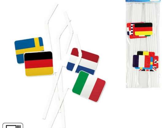 Straws European flags 24 cm set of 10 and Straws windmills 24 cm set of 8 and Straws bendable plastic owls 26 cm 6 pieces assorted