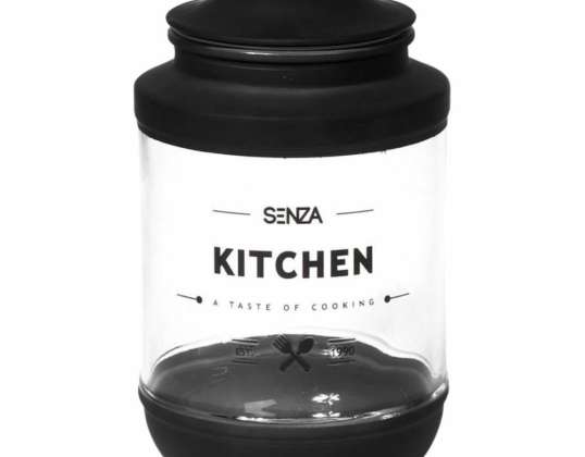 SENZA glass storage jar L black 25 cm with text KITCHEN taste of cooking