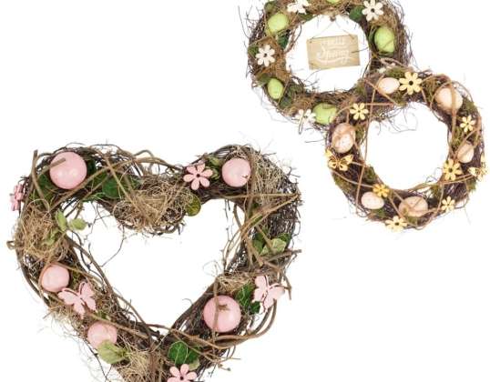 Spring wreath Easter 29 cm 3 assorted Decorated wreath in a round or heart shape. The wreath is decorated with eggs, twigs and wooden figures