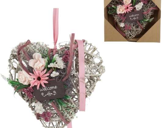 Spring wreath welcome 30 cmWreath in a heart shape made of twigs and decorative flower, the wreath has a metal frame. Packed and unpacked