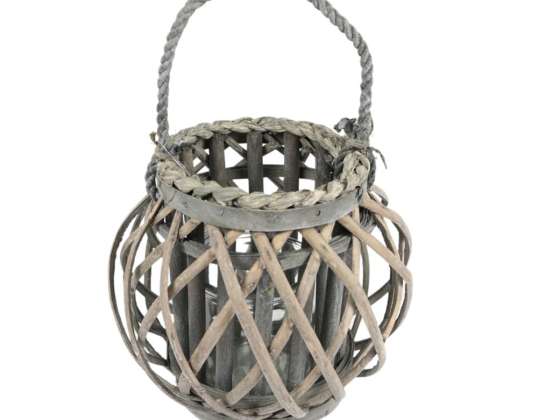 Lantern Hamada made of wood and reed. grey/brown 23 cm