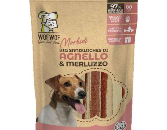 WOFWOF BIG SANDWICHES AGNEL./MERL. HUNDESNACK GR.80 FUTTER BESCHREIBUNG 3574