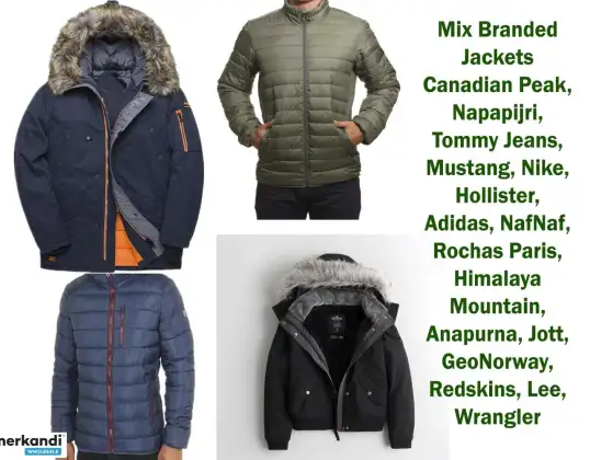 Mix markowych kurtek drugiej klasy Canadian Peak, Napapijri, Tommy Jeans, Mustang, Nike, Hollister, Adidas, NafNaf, Rochas Paris, Himalaya Mountain