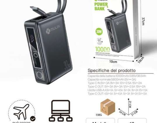 MULIM Power Bank USB-C 10.000mAh, 30W, Schwarz, Flugsicher mit LED-Bildschirm