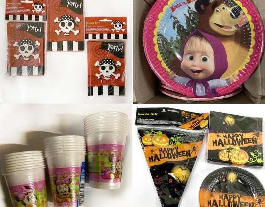 Mélange de fournitures de fête, assiettes, tasses, serviettes, décoration, fournitures d’anniversaire, stock restant en gros