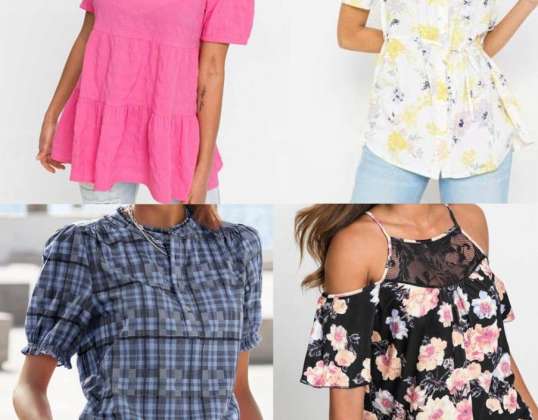 €2.30 per piece (from 300 pcs.) – Women's blouses in stock mix (spring/summer), sizes 38–56, category A, in stock