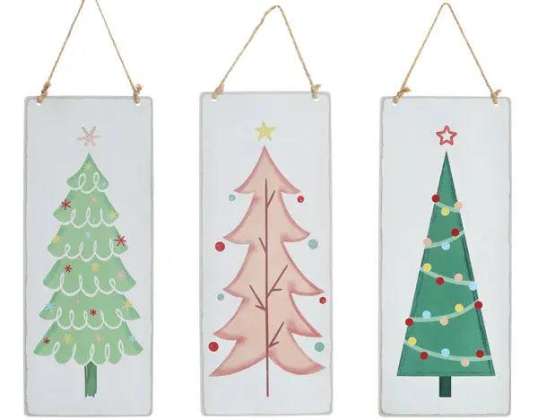 Farget tinnskilt sett med juletre 3 stk 10x25 cm - Vintage festlig dekorasjon