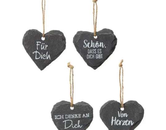 Lot de 4 coeur en ardoise avec dictons env. 7x7cm | Assiettes décoratives en forme de cœur | Coeurs en ardoise avec texte