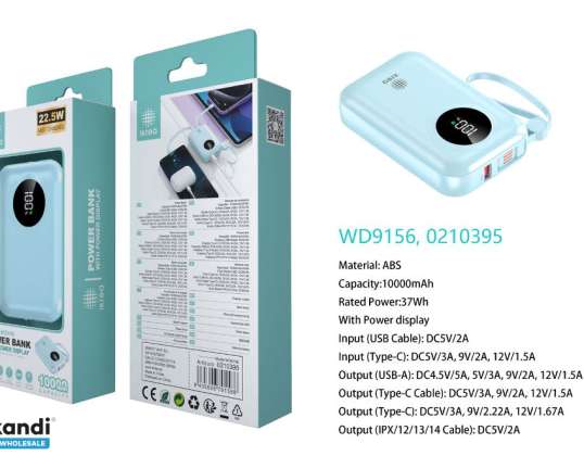 Virtapankki Power Display Blue, 10000mAh, integroitu Type-C- ja Type-A-lähtökaapeli