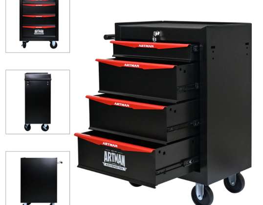 Carrello portautensili Artman con 4 cassetti – Nero/Rosso – con chiusura centralizzata e ruote girevoli