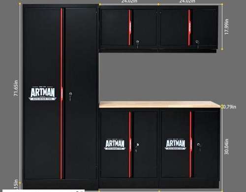Artman Garagekasten Set – 7-Delig – Zwart met Rode Accenten – Inclusief Werkblad – Met Slot – Wand- en Staande Kasten