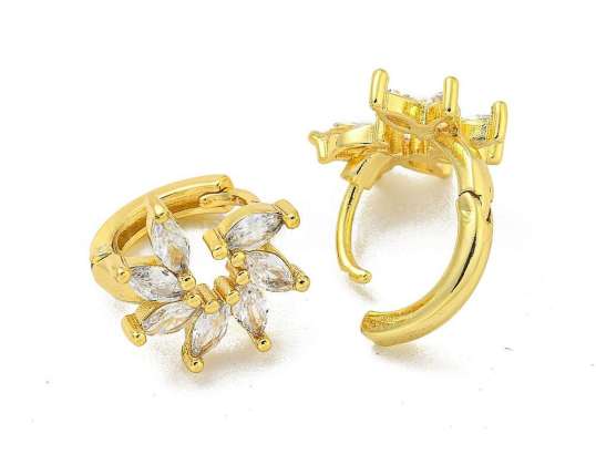 Mosadzné mikro dláždené kubické zirkónové kruhové náušnice, tvar kvetu, číry, pravé 18K pozlátené, 13x13mm