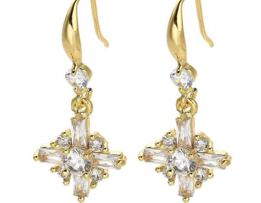 Cross Messing Ohrhänger mit Micro Pave Zirkonia, Rack plattiert, blei- und cadmiumfrei, echt 18K vergoldet, 37x16mm