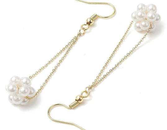 Shell Pearl Flower Dangle Viseči uhani z medeninasto kabelsko verigo in Kavlji | Pravo 18-karatno pozlačeno | 66x11mm